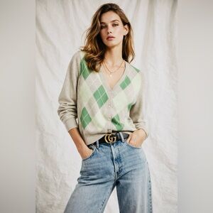 H&M Argyle V-Neck Button Cardigan Beige Green Knit Sweater Size M